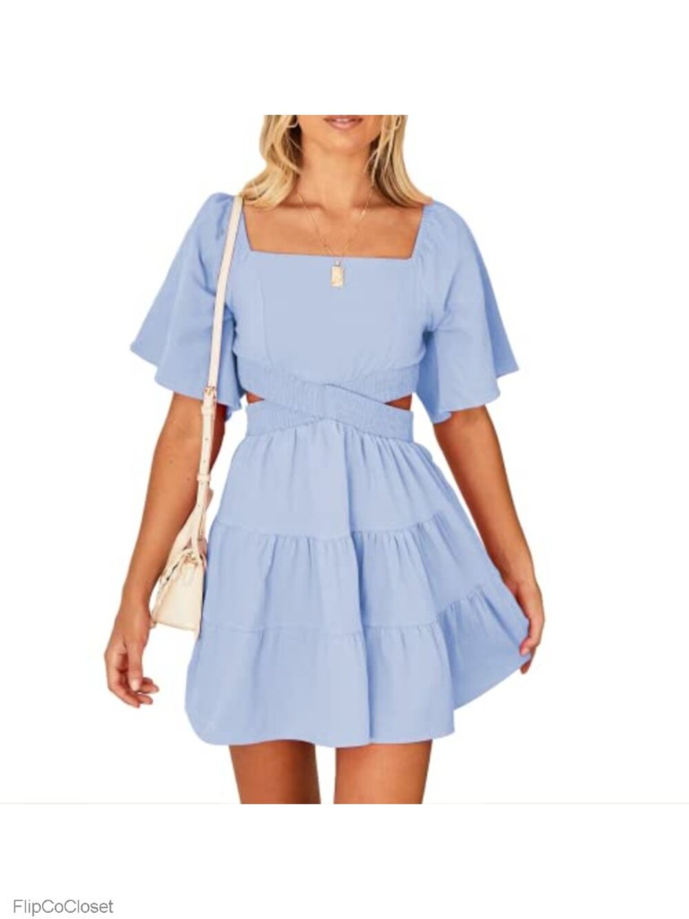 Soft Cotton Square Neck Short Sleeve A-Line Crossover Party Mini Dress